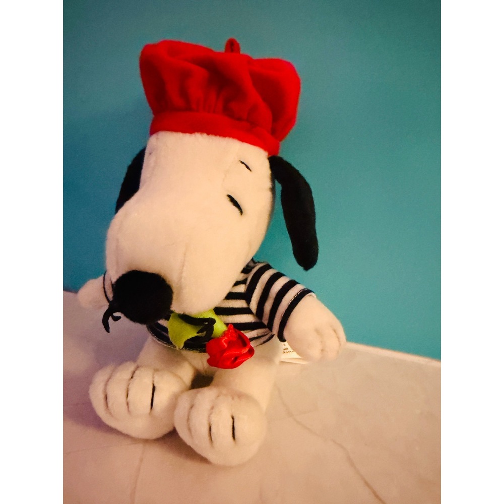 Hallmark Snoopy Plush 7in White French Parisian Beret Rose Striped Shirt VTD5012 - Picture 4 of 7